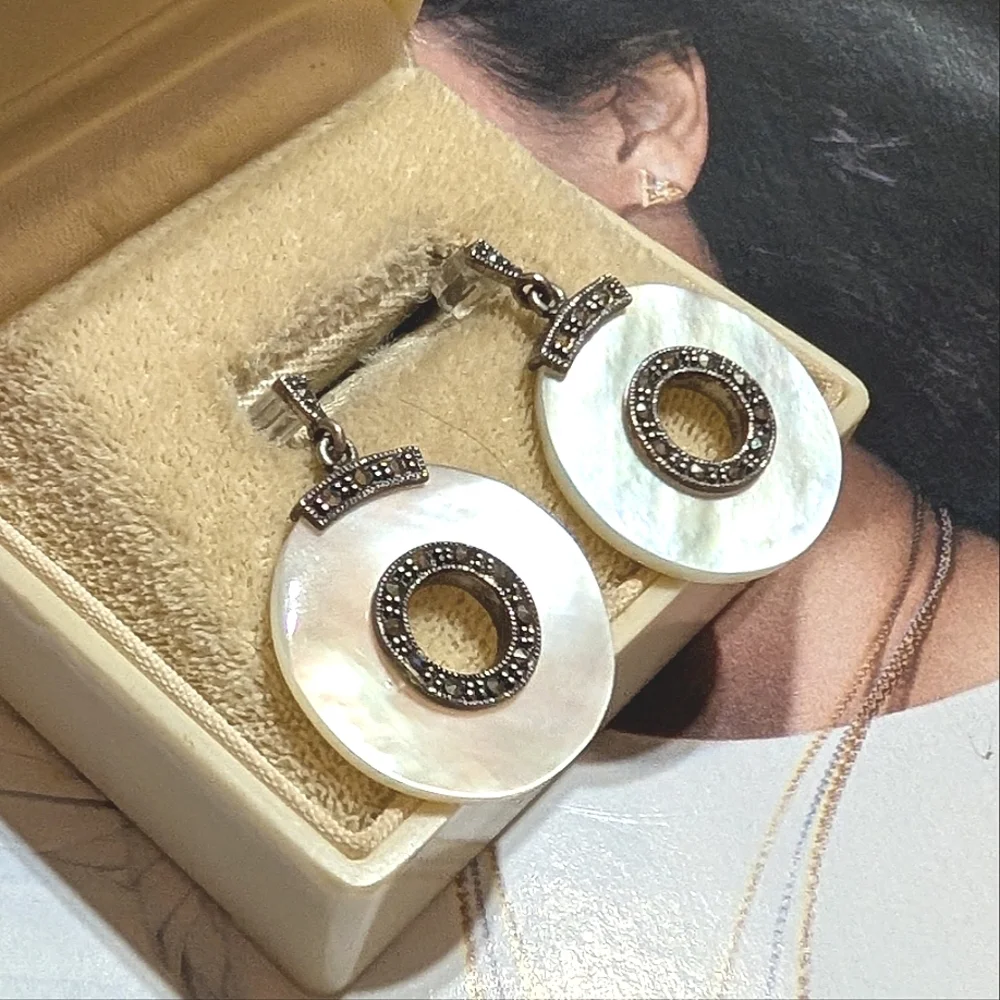 Antique Art Deco Mother of Pearl Marcasite Sterling Silver Bullseye Earrings